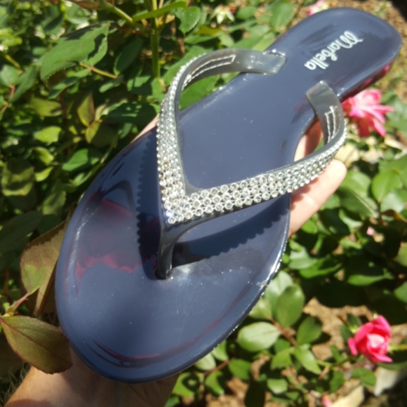 MARBELLA ♡ Gorgeous Navy Embellished Bling of Rhinestone Jelly Thong Sandals 6 - Picture 13 of 16
